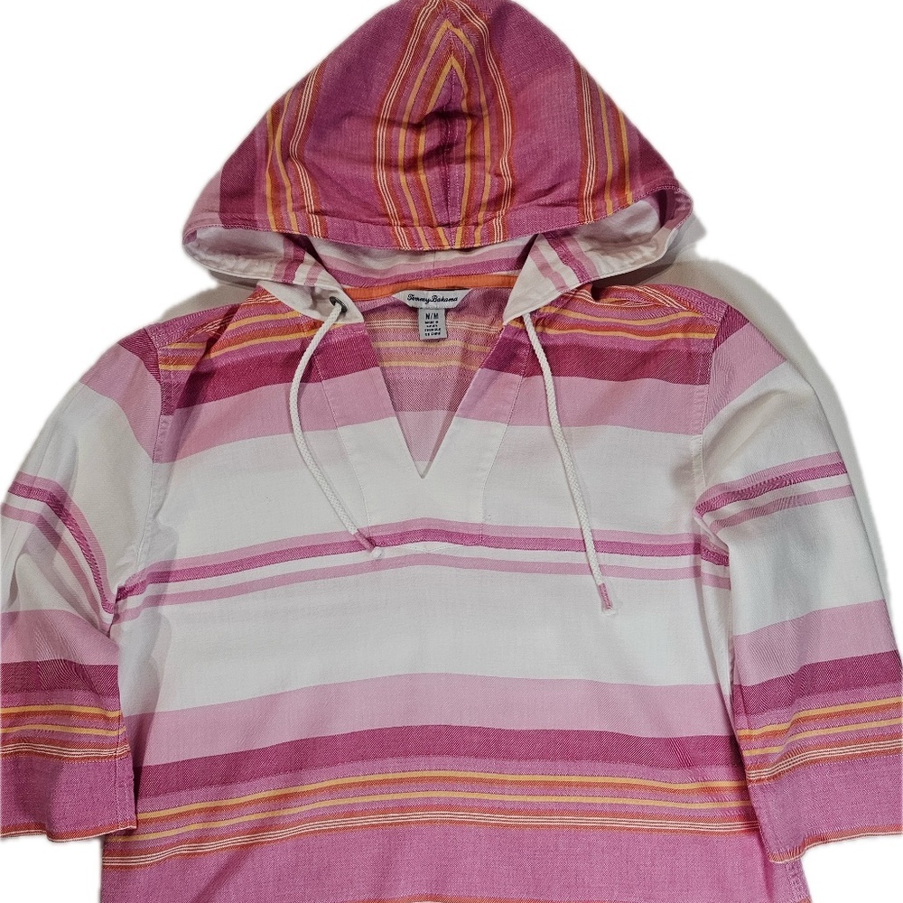 Tommy‎ Bahama Pullover Hoodie Womens Medium Pink White Stripe Beach Resortwear